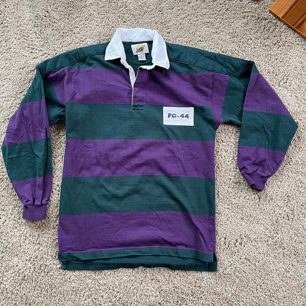 VTG 90s Field Gear Rugby Polo Shirt Green Purple Stripe Heavy Cotton S